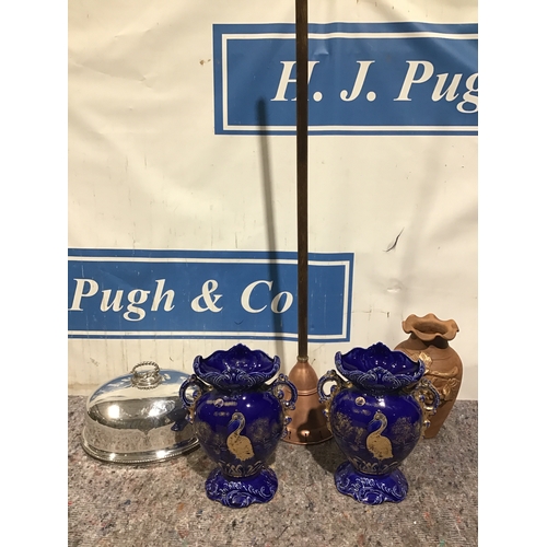 242A - Pair of blue glazed vases, silver plated platter lid, wash dolly etc.