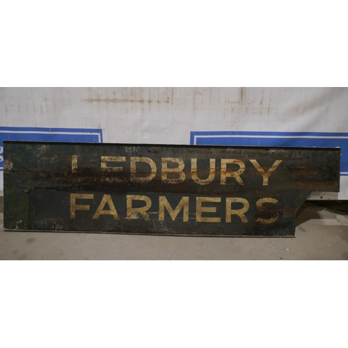 186 - Tin sign- Ledbury Farmers, damaged. 80x21 1/2