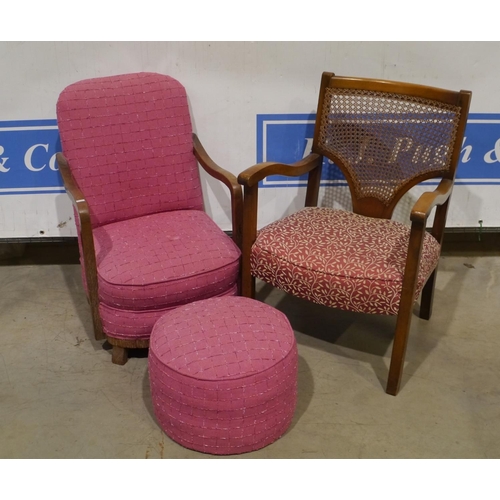101 - Cane back arm chair and upholstered chair with stool