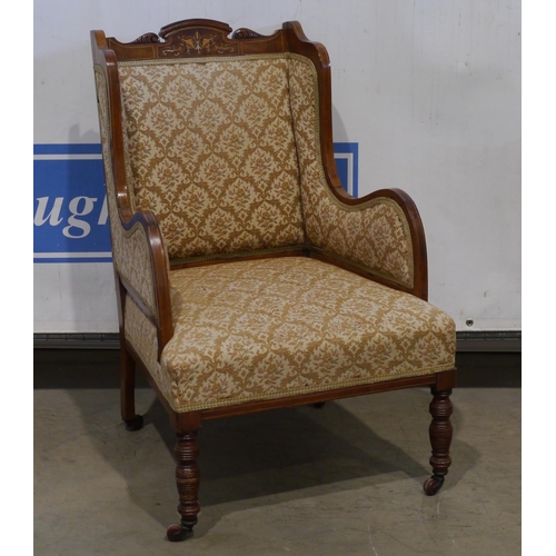 152 - Inlaid upholstered library chair on casters