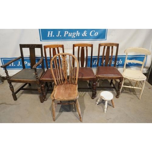 169 - Carver, 3 dining chairs and wheel back chair, stool etc