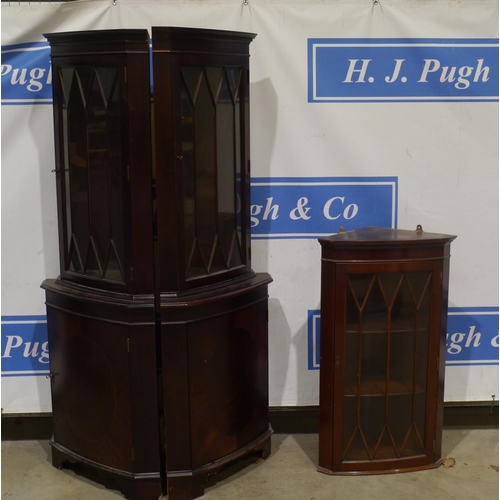 18 - Pair of matching corner display units 6ft and small mahogany display corner cabinet 3ft