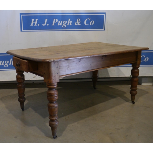 182 - Pine farmhouse kitchen table with drawer on casters 60x36x30