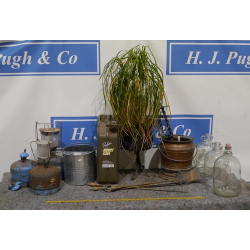 308 - Jerry can, plant, glass jars, mop bucket etc