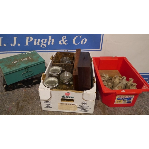 335 - Old ink bottles, jars and first aid boxes