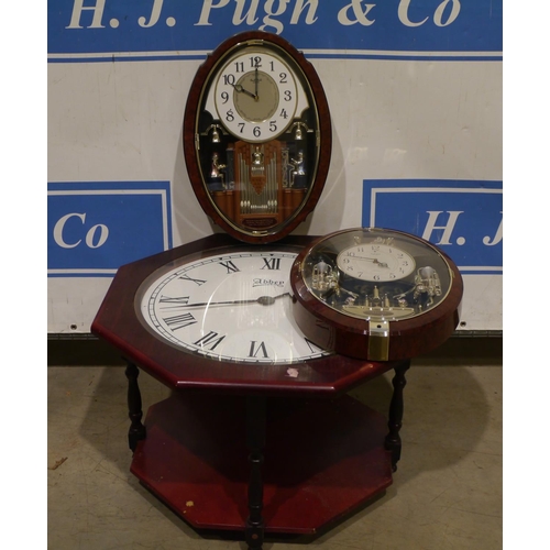 35 - Clock coffee table and 2 retro quarts clocks