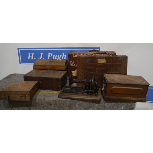 352 - Vintage trunks, sewing machine and old wooden boxes