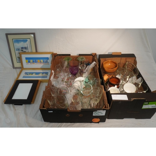 355 - Box of pictures and frames and 2 boxes of assorted glassware and ceramics