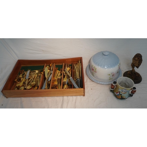 357 - Large quantity of gold plated cutlery, County Artist owl figure and other china