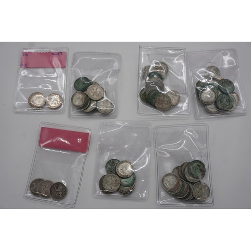 511 - Quantity of George VI and Queen Victoria three pence pieces. Approx 150g