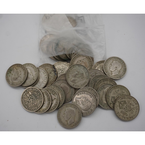 554 - Quantity of George VI two shilling coins dated 1939, approx 400g