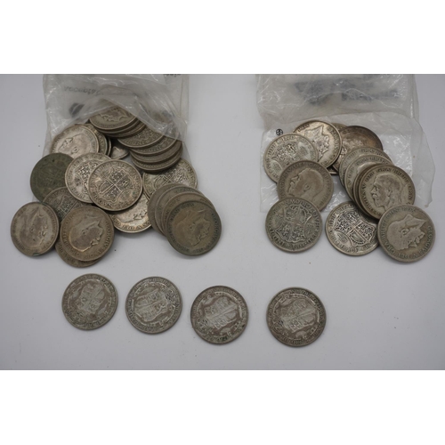 557 - Quantity of George V half crown coins dated 1927-29, approx 610g