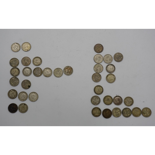 572 - Quantity George VI three pence coins dated 1920's, 30's and 40's approx 51g