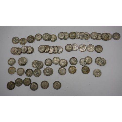 574 - Quantity of English George V shillings dated 1926-29. Approx 355g