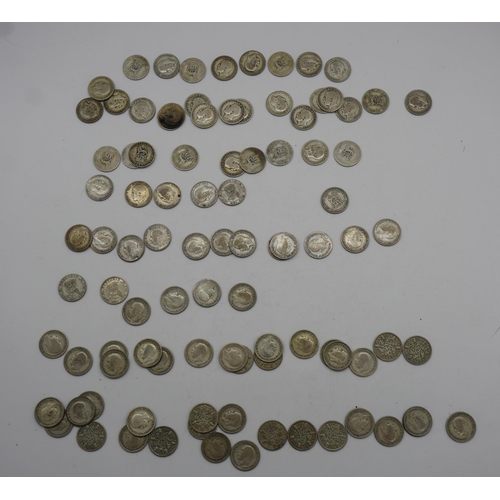 580 - Quantity of George V sixpence coins dated 1920-29, approx 250g