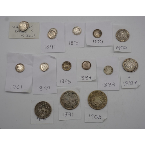 582 - Assorted Victorian silver coins including 1900 half crown, three pence coins, two shillings etc, app... 