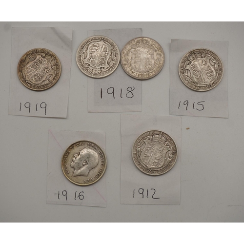 583 - 6 George V half crown coins dated 1912-1919. Approx 83g