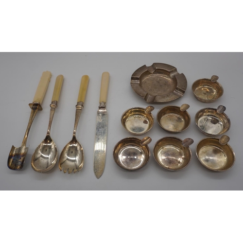 611 - 7 Silver dishes, silver ash tray, silver knife with bone handle and 3 silver plate spoons, 2 with si... 