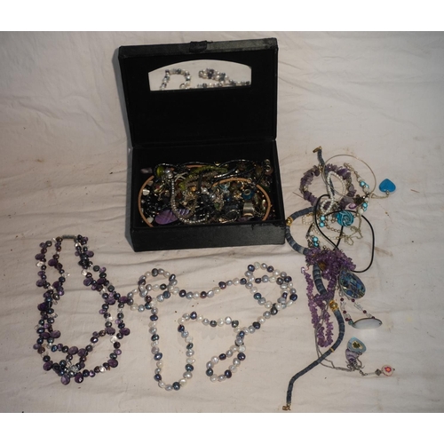 620 - Silk box with semi precious necklaces and cultured pearl necklace etc