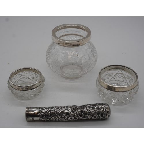 625 - 3 Glass jars with silver tops and silver ornate handle