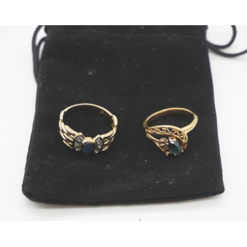 629 - Gold ring with blue stone size N and gold and silver ring with blue stone size Q 1/2