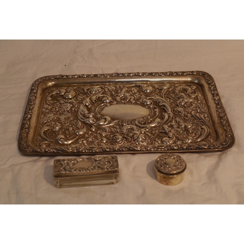 635 - Sterling silver embossed tray with 2 silver condiment dishes. Approx silver weight 360g