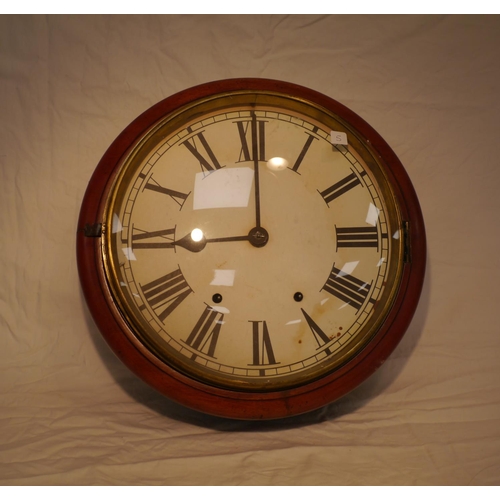 645 - 19thC Wooden striking school wall clock with key and pendulum. Working order