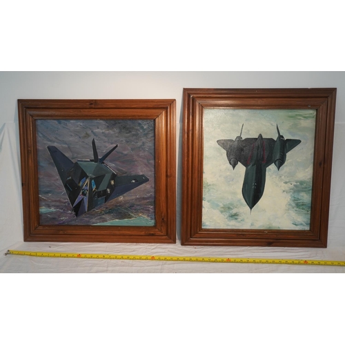 673 - Oil on board painting of a stealth fighter plane 19 1/2x17 1/2