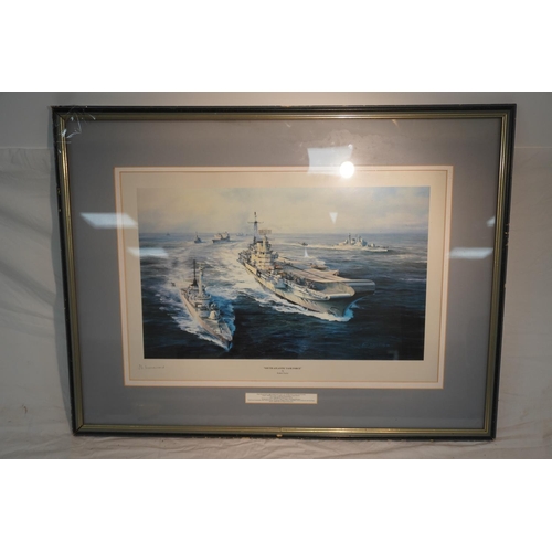 692 - Framed print of the South Atlantic Task Force by Robert Taylor. Signed J.T Woodward 22x15