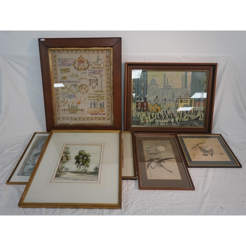 701 - Sun Never Sets On British Empire sampler, framed tapestry and assorted framed prints