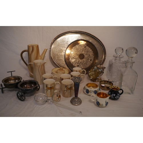 709 - Country tea set, silver plate and cut glass decanters