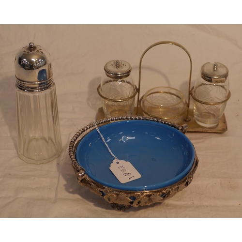 728 - Silver plate condiment sets and bowl
