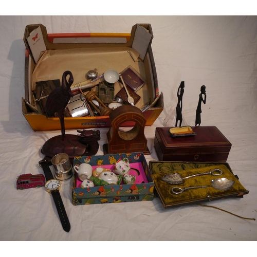 729 - Box of collectables to include Chinese dragon, leather box, clock cases, glass funnel, watch etc
