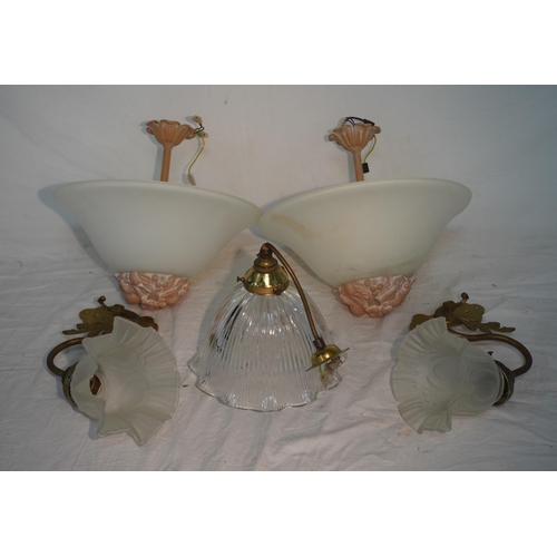 745 - Pair of opaque glass ceiling lights, pair of glass wall lights and glass ceiling light
