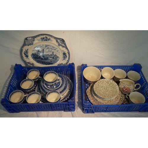 750 - Tray of old willow blue and white china and tray of Wade Royal Victoria china
