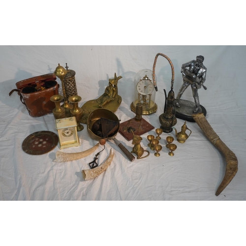 754 - Large quantity of assorted brassware, mantle clock, binoculars etc