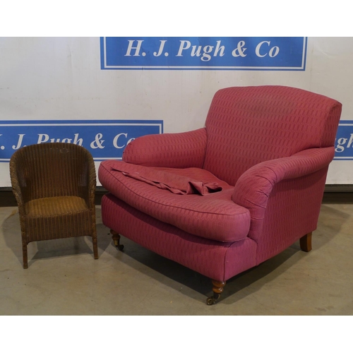 76 - Upholstered red arm chair and Lloyd Loom style chair