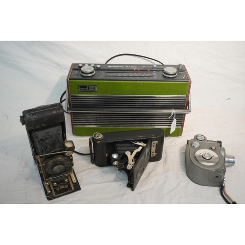 763 - Old Roberts radio and 3 old cameras including Kodak, Ensign Carbine and Rever 8MM