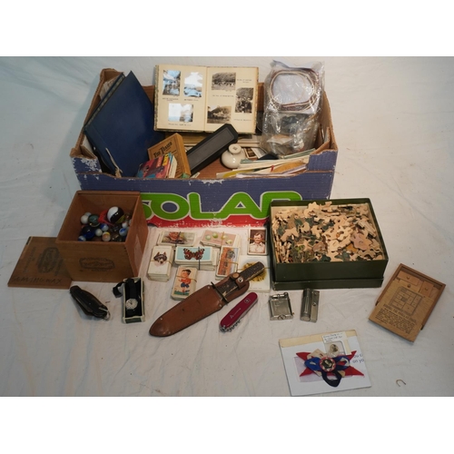 769 - Box of assorted collectables including scout knife, Ingersoll petite watch, marbles, cigarette cards... 