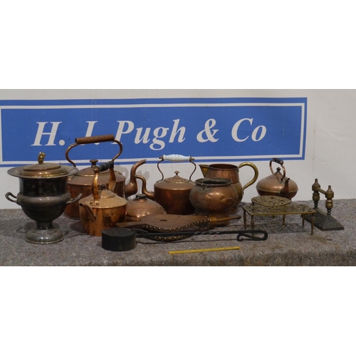 788 - Copper, brass and silver plate kettles etc