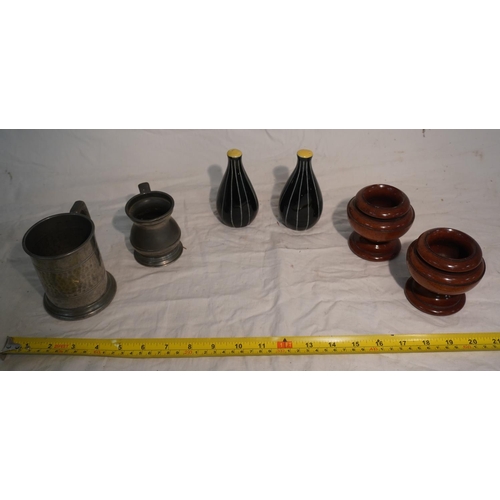 800 - 2 Pewter mugs, 2 fruitwood urns and 2 1960's salt and pepper pots