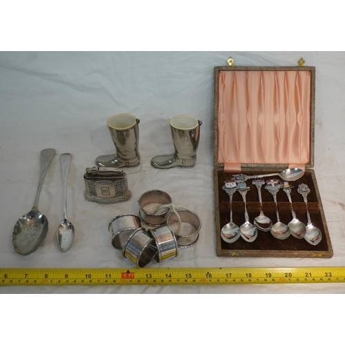 801 - Quantity of silver plate items including spoons, napkin rings, pair of boots and Ronson Diana lighte... 