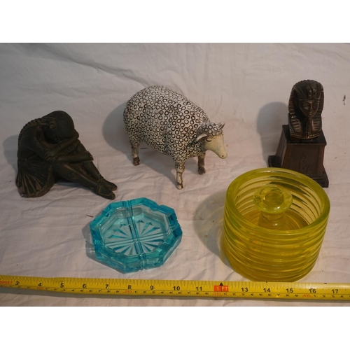 803 - Yellow glass jar, cut glass ashtray, ceramic sheep, ceramic girl and bronze sphinx