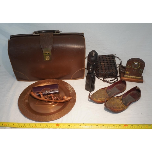 807 - African carvings, leather briefcase, pair of ladies Indian shoes and copper plate