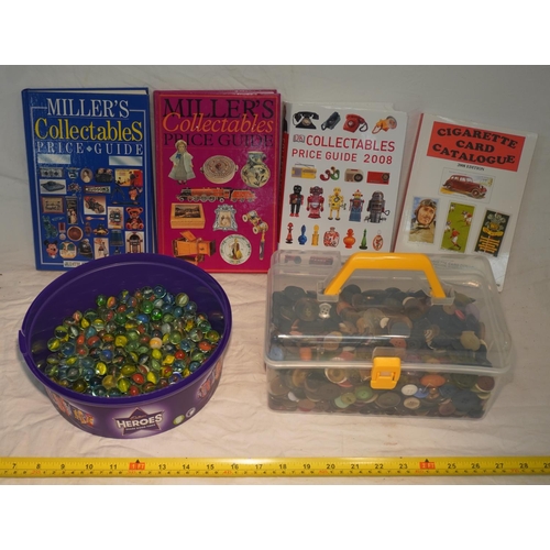 808 - Box of marbles, box of assorted buttons and assorted books on collectables