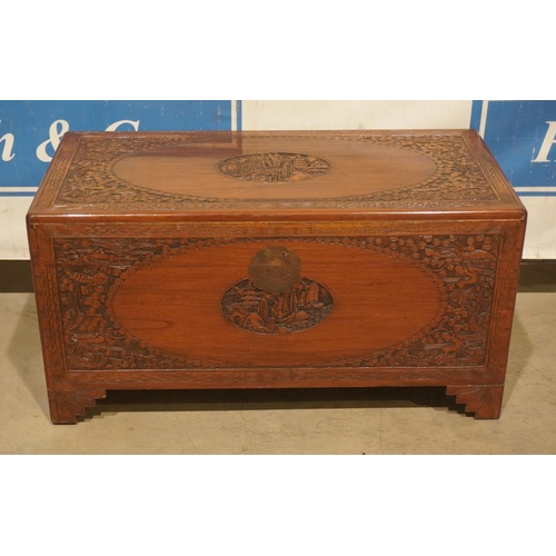 263 - Mahogany oriental style carved blanket box 19x37