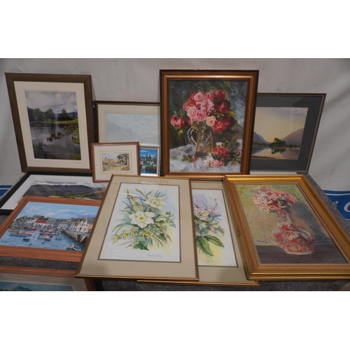 877 - Large quantity of framed prints, paintings and photographs including 2 watercolours by Marjorie Bish... 
