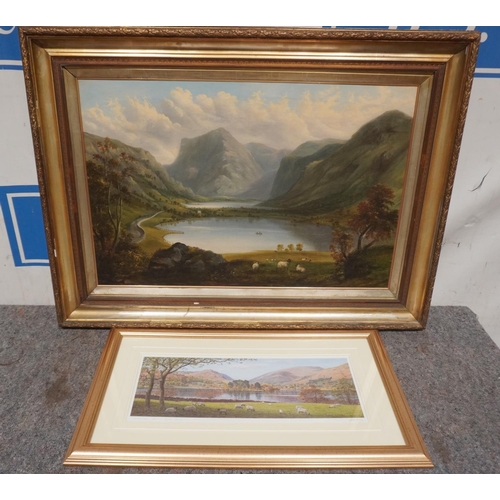 879 - Gilt framed oil on canvas painting of Crummock and Buttermere lakes and frame print of Grassmere fro... 