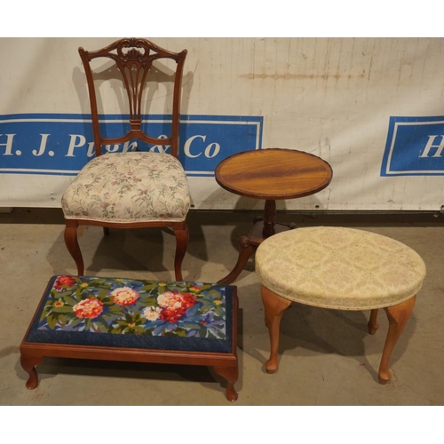 95 - Upholstered open back chair, piano stool, tapestry foot rest and occasional table