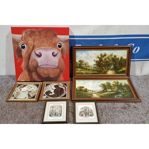 429 - 2 Framed oil on board paintings, cow painting 